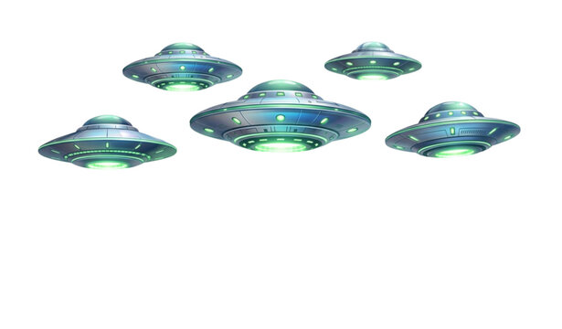 Six flying saucers isolated on white background science fiction illustration