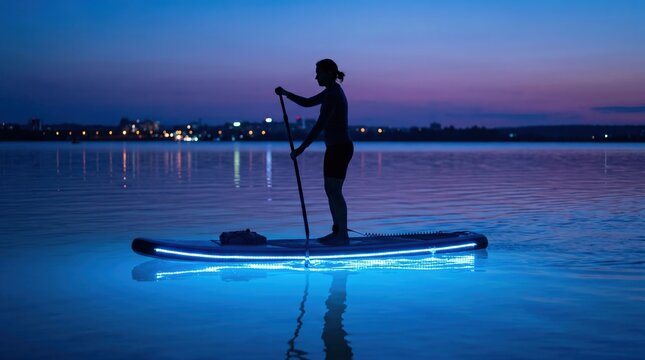 Silhouette of woman on an illuminated paddleboard with blue LED lights at night