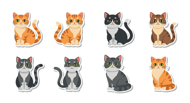 Vector collection of cute cat sticker designs featuring various feline expressions, playful kitten poses, and kawaii cartoon art isolated on a white background for digital planners.