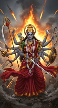 Powerful Multi-Armed Hindu Goddess Standing in Fiery Battlefield Wielding Weapons Representing Divine Strength