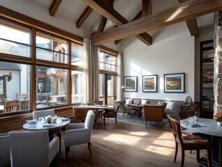 Fototapeta premium Elegant interior dining area in upscale restaurant with natural light