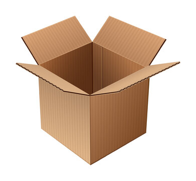 Opened carton box. Open mail pack delivery. Empty Box. Cardboard packaging. Simple cartoon clipart isolated on white background. Vector illustration.
