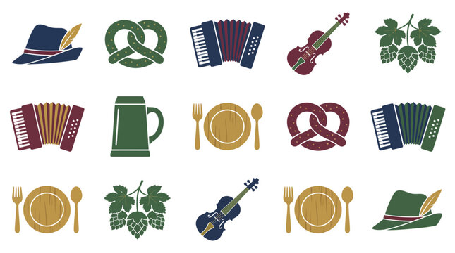 Collection of various festive oktoberfest elements featuring musical instruments traditional food and green hop plants