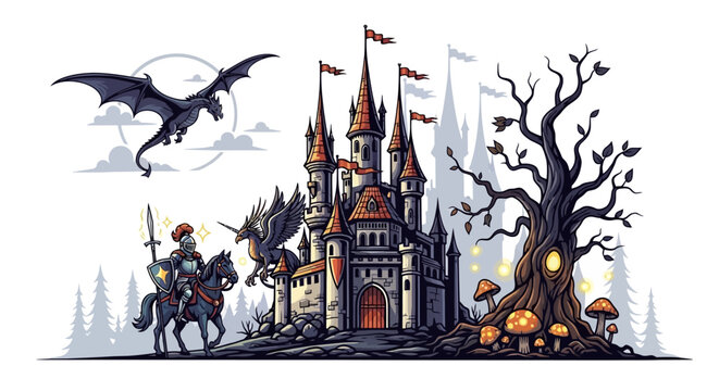a fantasy castle with a dragon flying overhead.