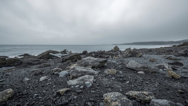 Calou wreckage lying on harsh rocky seaside with copy space for text