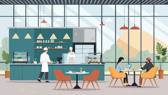 Modern cafe interior with chefs and customers sitting at tables