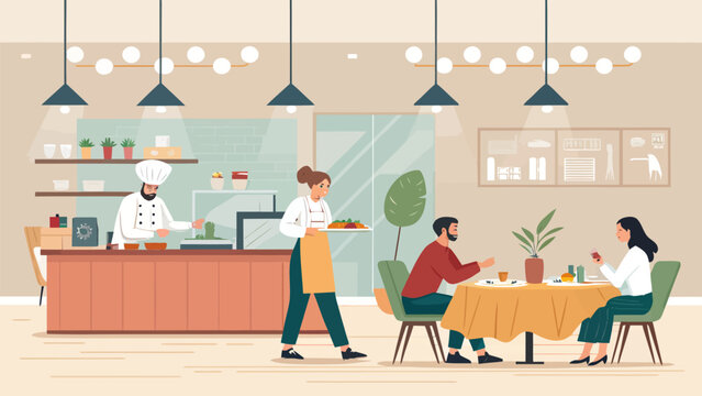 Restaurant interior with chef cooking, waitress serving food and couple dining at a table