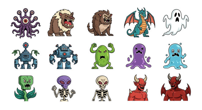 A collection of various cartoon monsters and creatures.