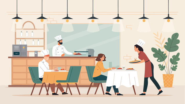 Restaurant interior with chefs cooking and waiter serving food to customers at tables