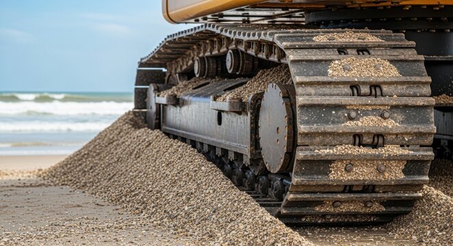 Bulldozer track on beach sand, construction equipment