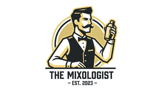 Retro Mixologist Holding Cocktail Shaker, Vintage Bar Logo Design