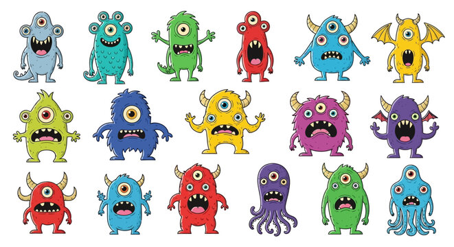 Colorful cartoon monsters in various poses.