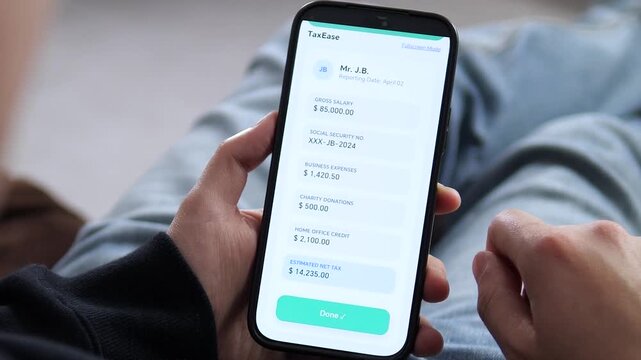 Reviewing a tax return summary on the TaxEase app. The user taps Submit To Agency to file their taxes. Perfect for tax software, financial planning, and accounting technology visuals.