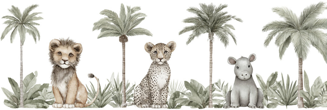 Ador&aacute;vel ilustra&ccedil;&atilde;o em aquarela de dois filhotes de le&atilde;o e um filhote de hipop&oacute;tamo sentados entre palmeiras e folhagem tropical, com fundo branco, ideal para design infantil.