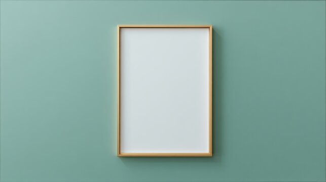 A rectangular, blank white picture frame with a gold border against a teal wall