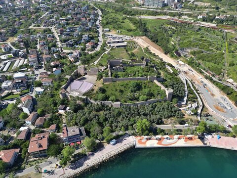 A drone view of the historic Eskihisar Castle in Gebze, Kocaeli, Turkey.