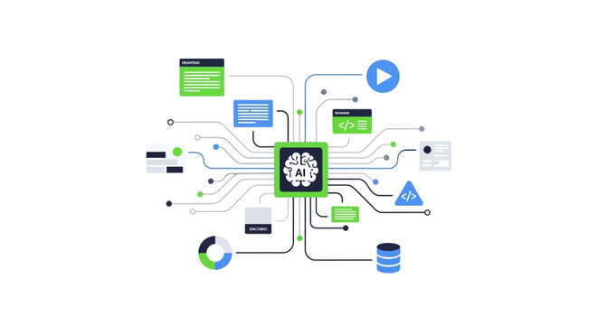 AI Technology Integration Concept Illustration with Brain CPU Chip Connecting to Web Development, Coding, and UI UX Design Elements