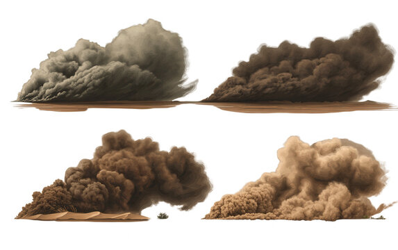 Quatro nuvens de poeira realistas e volum&eacute;tricas em tons terrosos, levantando do ch&atilde;o em um fundo branco isolado, ideais para composi&ccedil;&atilde;o digital e efeitos visuais.
