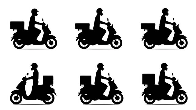 Set of black silhouettes of delivery scooter riders, depicting fast and efficient urban transportation service