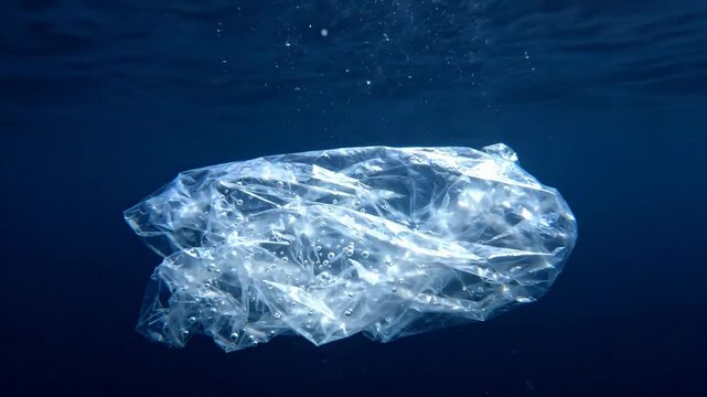 Single-use plastic bag submerged and floating in the deep ocean water. Environmental problem of marine pollution caused by discarded non-biodegradable synthetic waste