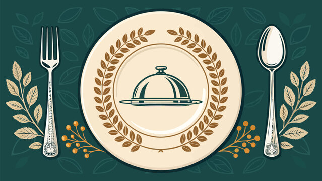 Restaurant menu design with plate cloche fork and spoon on dark green background