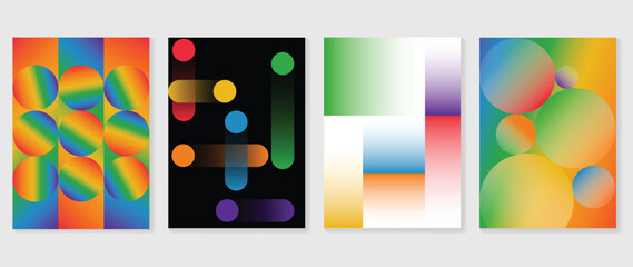 Fototapeta na wymiar Pride month poster templates with rainbow gradient geometric stripes, abstract square backgrounds, floral circle pattern and rounded bar design vector set.