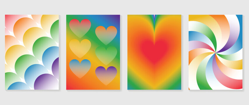 Pride month poster templates with soft rainbow gradient backgrounds, blurred heart, floral wreath, pastel hearts and leaf circle design vector set.