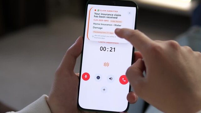 Submitting home insurance claim for water damage on smartphone. Modern UI shows Claim Submitted status. Ideal for financial, legal, or property protection commercials. High-quality mobile app
