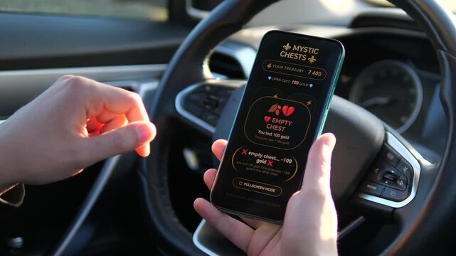 Hands celebrating a massive win on a smartphone. The game flashes Victory with a 1,000 gold reward after losing a chest. Great for showcasing mobile gaming thrills, treasure mechanics, and player