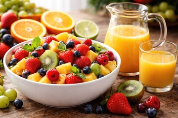 Assorted fruit salad bowl next to a clear juice jug