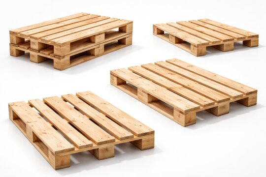 Product presentation of wooden pallets with clear wood grain texture arranged on a white surface from multiple perspectives