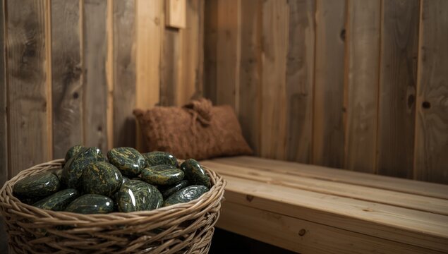 Bucket of serpentinite stones in white contrasted with rustic sauna background