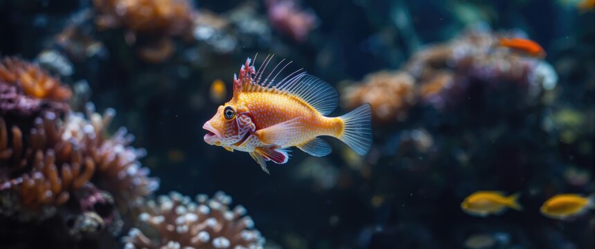 Bright adult hogfish navigating diverse tropical marine aquarium habitat