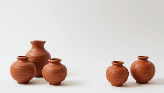 Artisan handmade unglazed red clay coiled pots set on simple white backdrop