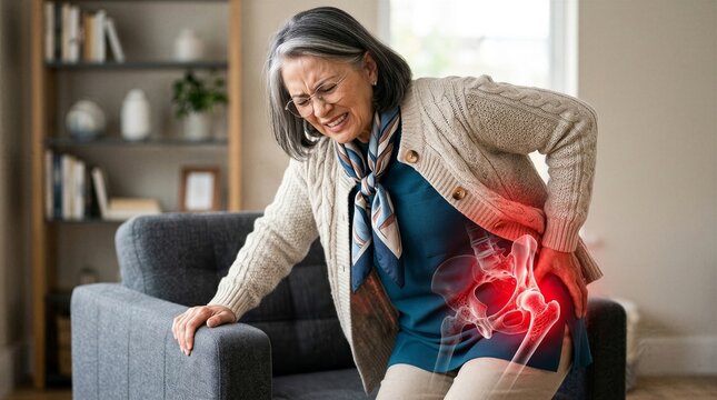Woman experiencing acute hip pain at home. Senior lady suffering from joint disease. Chronic injury and medical diagnostic concept. Rehabilitation and health care for elderly patient.