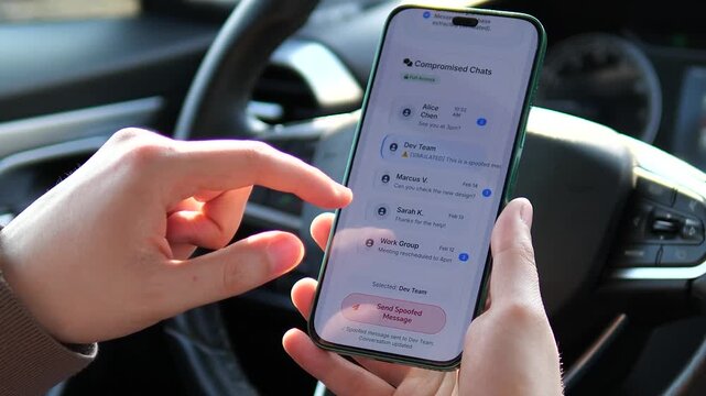 Hacker extracts messenger database on a smartphone inside a vehicle. Footage shows compromised chats and spoofed message delivery. Ideal for cybersecurity awareness, data privacy, and digital crime