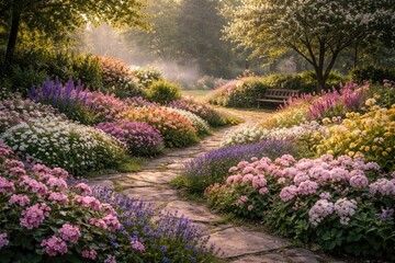 Fototapeta premium Serene garden landscape highlighting clusters of lovely small blossoming flowers