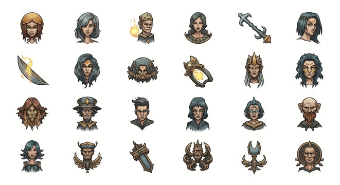 Collection of fantasy character icons and weapons.