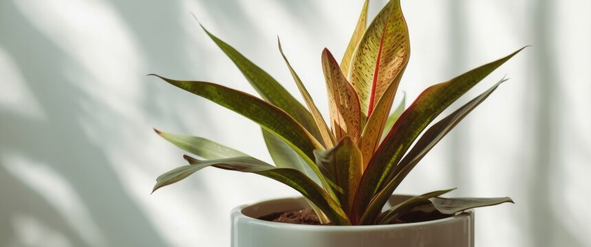 Alpinia zerumbet vibrant leaves captured in pot with smooth white backdrop