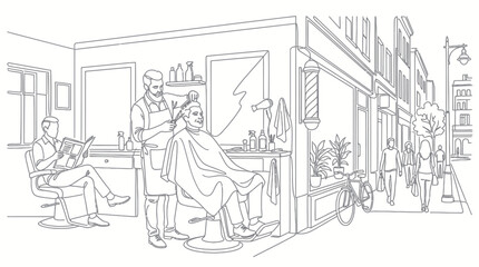 Obraz premium Barbershop Scene: Haircut and Street View