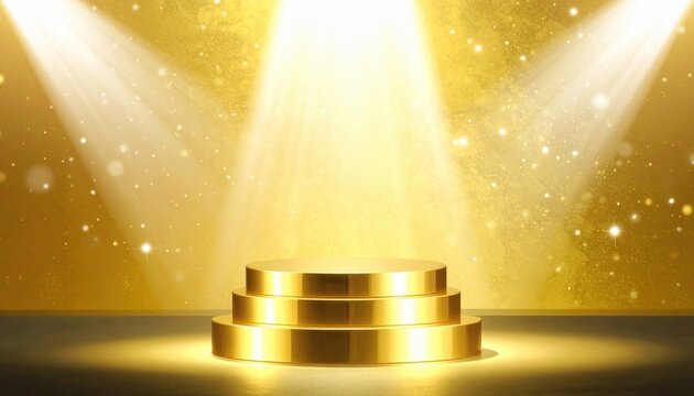 Palco dourado com holofotes brilhantes e part&iacute;culas cintilantes, s&iacute;mbolo de sucesso e celebra&ccedil;&atilde;o.
