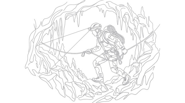 Caver exploring a cave with headlamp and ropes, adventure, extreme sport