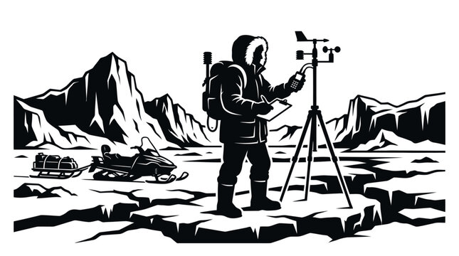 Arctic scientist collecting weather data with instruments, snowmobile and sled in background.