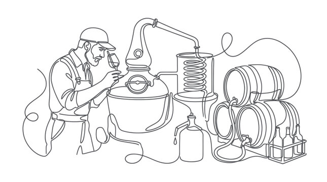 Craftsman Inspects Whiskey Distillation Process with Stills and Barrels