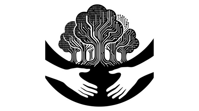 Digital Tree of Life: Technology and Nature Harmony, Human Hands Caring
