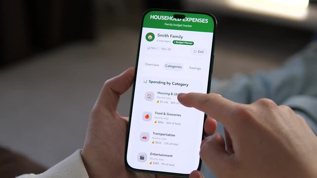 Smart household budget planner in action. User scrolls through spending categories like utilities, food, and transport. Realistic smartphone interface for financial literacy and app reviews
