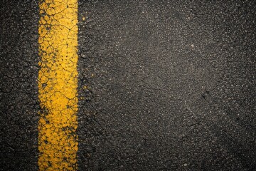 Fototapeta premium Worn yellow stripe on gritty asphalt pavement texture featuring copy space