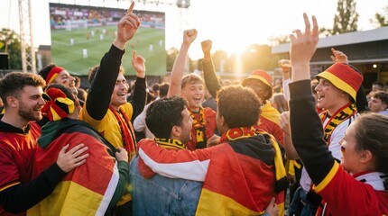 Obraz premium Cheerful german football soccer fans celebrating victory at outdoor public viewing event with beer