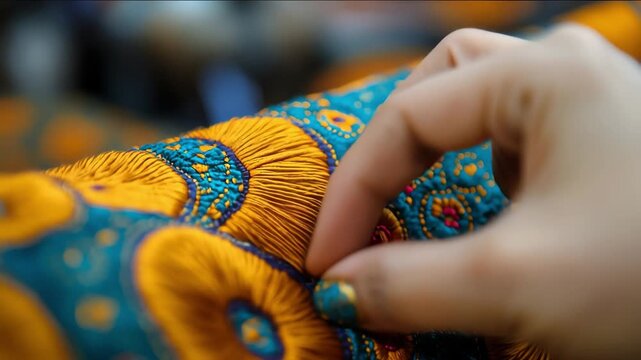 Gentle hand movement across elaborate needlework featuring geometric and floral designs in warm yellow and cool blue tones. Visual celebration of textile heritage. Mindful making movement.