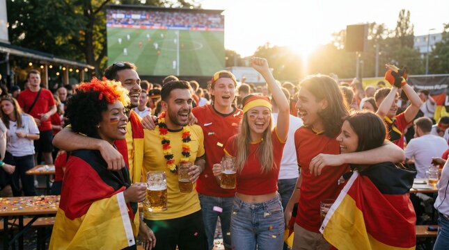 Cheerful german football soccer fans celebrating victory at outdoor public viewing event with beer